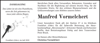 Traueranzeige von Manfred Vormelchert von Märkische Oderzeitung