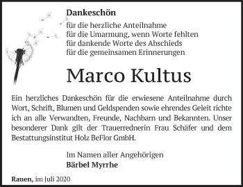 Traueranzeige von Marco Kultus von Märkische Oderzeitung