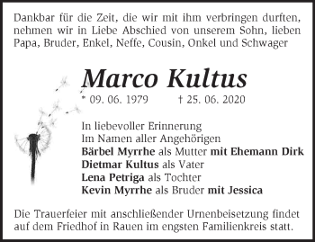 Traueranzeige von Marco Kultus von Märkische Oderzeitung