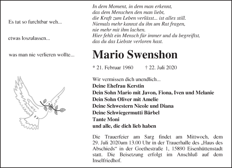  Traueranzeige für Mario Swenshon vom 25.07.2020 aus Märkische Oderzeitung