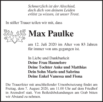 Traueranzeige von Max Paulke von Märkische Oderzeitung