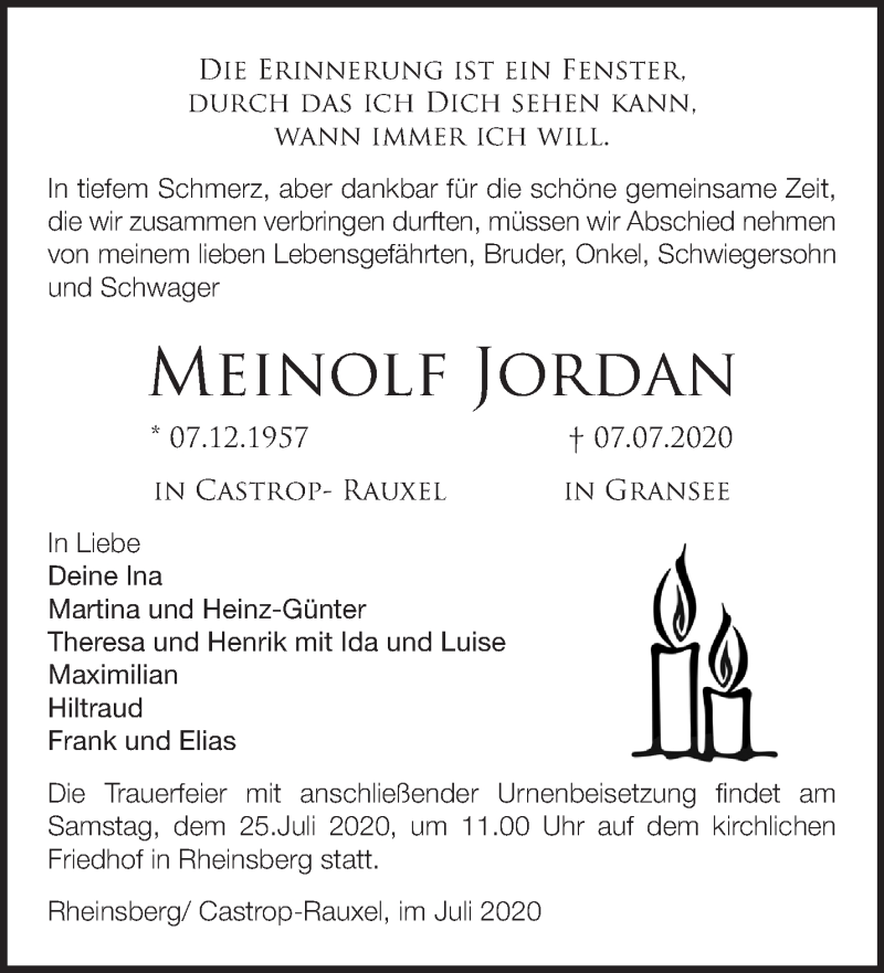  Traueranzeige für Meinolf Jordan vom 18.07.2020 aus Märkische Oderzeitung