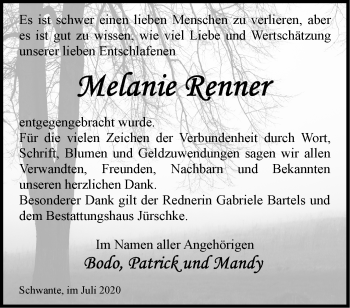 Traueranzeige von Melanie Renner von Märkische Oderzeitung