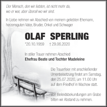 Traueranzeige von Olaf Sperling von Märkische Oderzeitung