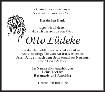 Traueranzeige von Otto Lüdeke von Märkische Oderzeitung