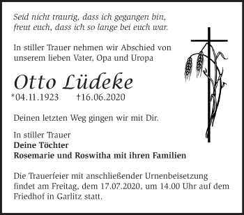 Traueranzeige von Otto Lüdeke von Märkische Oderzeitung