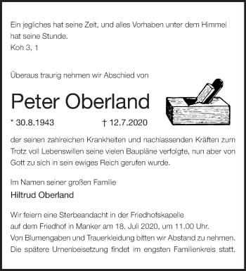 Traueranzeige von Peter Oberland von Märkische Oderzeitung