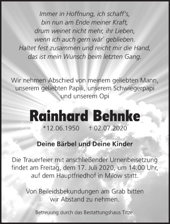 Traueranzeige von Rainhard Behnke von Märkische Oderzeitung