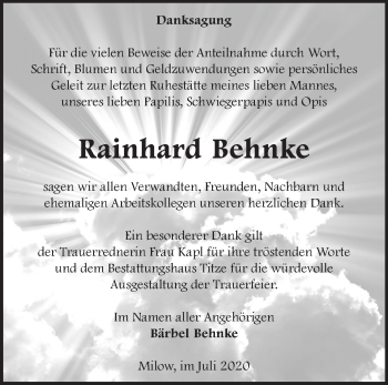 Traueranzeige von Rainhard Behnke von Märkische Oderzeitung