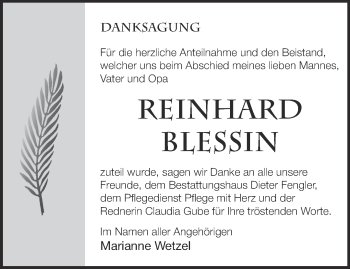 Traueranzeige von Reinhard Blessin von Märkische Oderzeitung