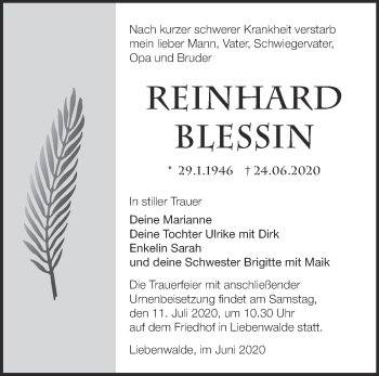 Traueranzeige von Reinhard Blessin von Märkische Oderzeitung