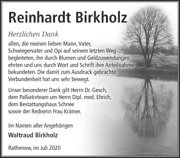 Traueranzeige von Reinhardt Birkholz von Märkische Oderzeitung