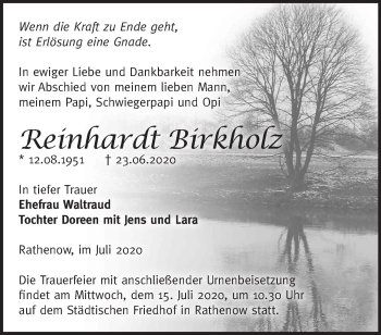 Traueranzeige von Reinhardt Birkholz von Märkische Oderzeitung