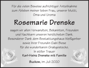 Traueranzeige von Rosemarie Drenske von Märkische Oderzeitung