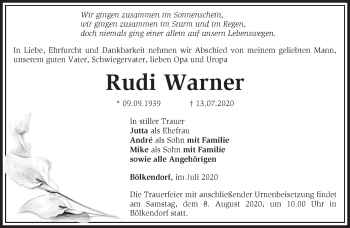 Traueranzeige von Rudi Warner von Märkische Oderzeitung