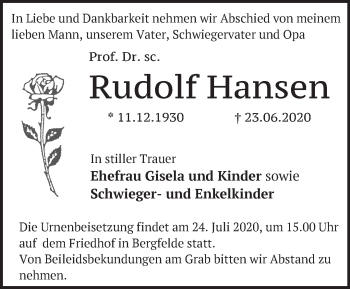 Traueranzeige von Rudolf Hansen von Märkische Oderzeitung