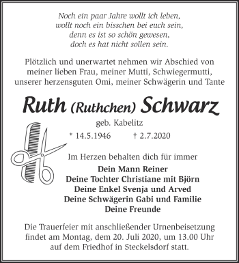 Traueranzeige von Ruth Schwan von Märkische Oderzeitung