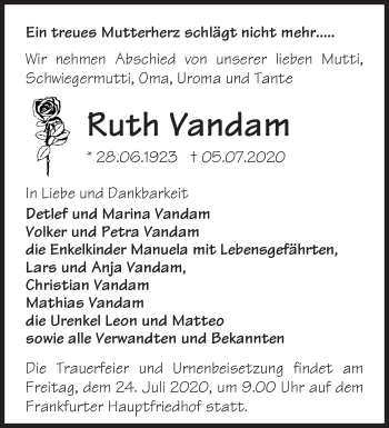 Traueranzeige von Ruth Vandam von Märkische Oderzeitung