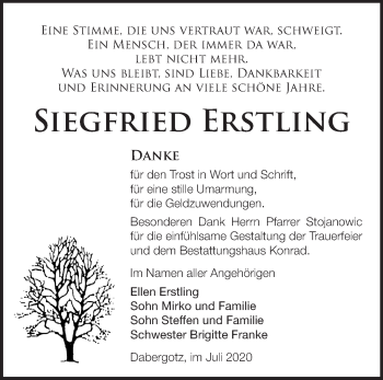 Traueranzeige von Siegfried Erstling von Märkische Oderzeitung