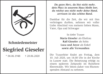 Traueranzeige von Siegfried Gieseler von Märkische Oderzeitung