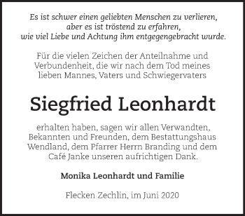 Traueranzeige von Siegfried Leonhardt von Märkische Oderzeitung