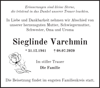 Traueranzeige von Sieglinde Varchmin von Märkische Oderzeitung