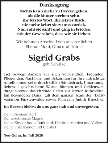 Traueranzeige von Sigrid Grabs von Märkische Oderzeitung