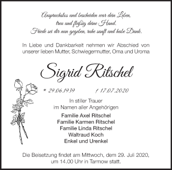 Traueranzeige von Sigrid Ritschel von Märkische Oderzeitung