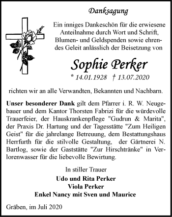 Traueranzeige von Sophie Perker von Märkische Oderzeitung