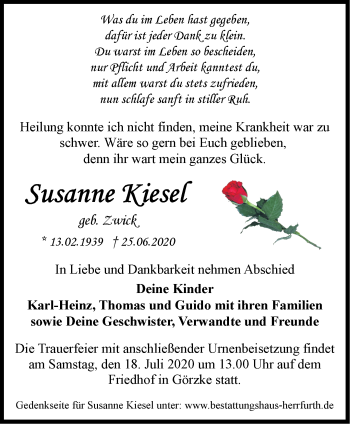 Traueranzeige von Susanne Kiesel von Märkische Oderzeitung