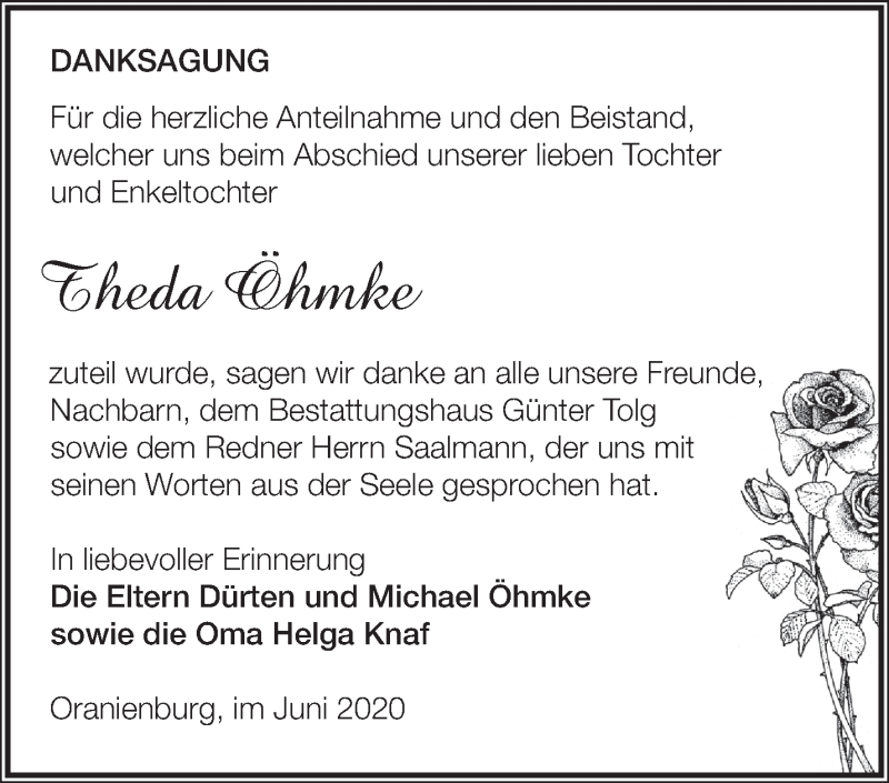  Traueranzeige für Theda Öhmke vom 04.07.2020 aus Märkische Oderzeitung