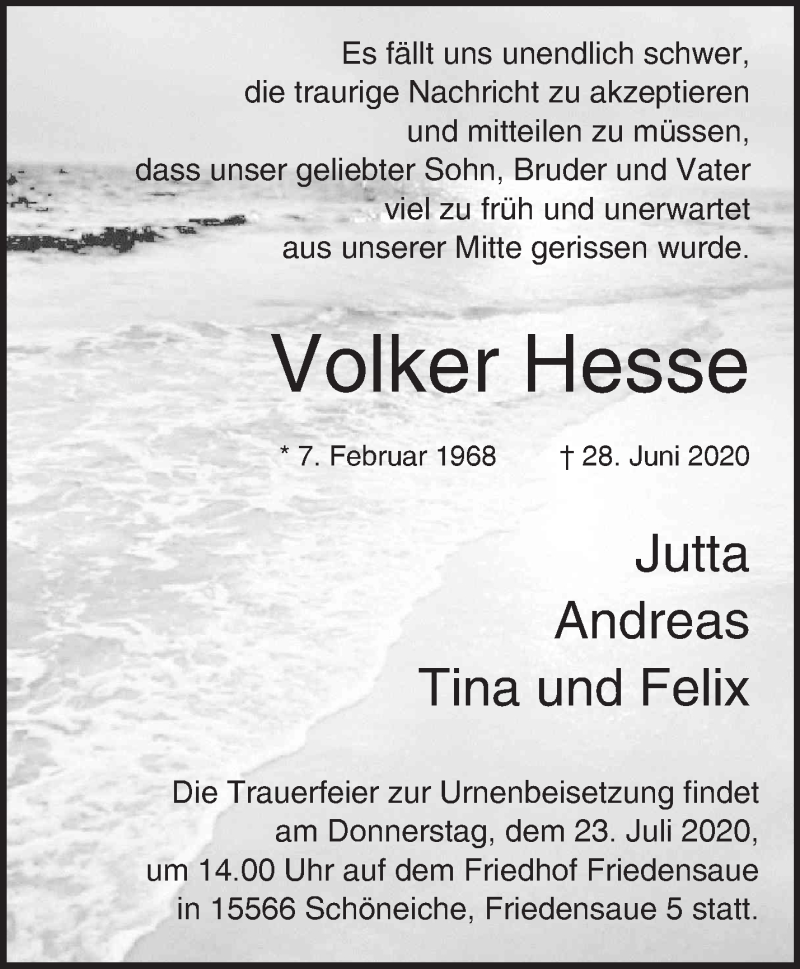  Traueranzeige für Volker Hesse vom 09.07.2020 aus Märkische Oderzeitung