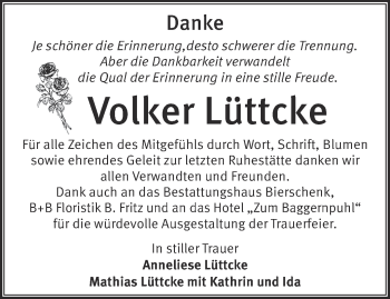 Traueranzeige von Volker Lüttcke von Märkische Oderzeitung