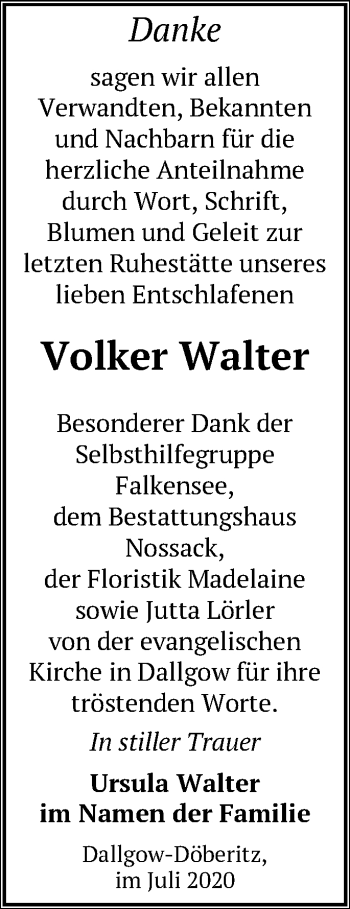 Traueranzeige von Volker Walter von Märkische Oderzeitung