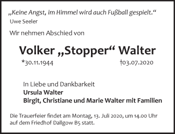 Traueranzeige von Volker Walter von Märkische Oderzeitung