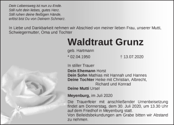 Traueranzeige von Waldtraut Grunz von Märkische Oderzeitung