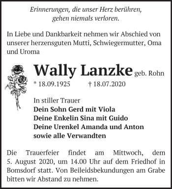 Traueranzeige von Wally Lanzke von Märkische Oderzeitung