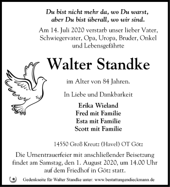 Traueranzeige von Walter Standke von Märkische Oderzeitung