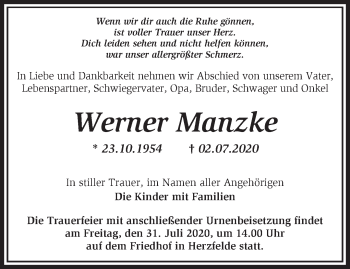 Traueranzeige von Werner Manzke von Märkische Oderzeitung