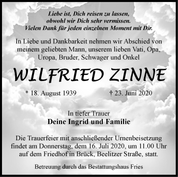 Traueranzeige von Wilfried Zinne von Märkische Oderzeitung