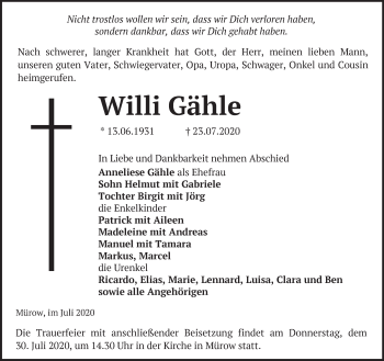 Traueranzeige von Willi Gähle von Märkische Oderzeitung