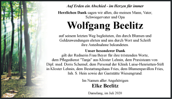 Traueranzeige von Wolfgang Beelitz von Märkische Oderzeitung