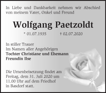 Traueranzeige von Wolfgang Paetzoldt von Märkische Oderzeitung