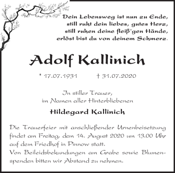 Traueranzeige von Adolf Kallinich von Märkische Oderzeitung