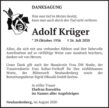 Traueranzeige von Adolf Krüger von Märkische Oderzeitung