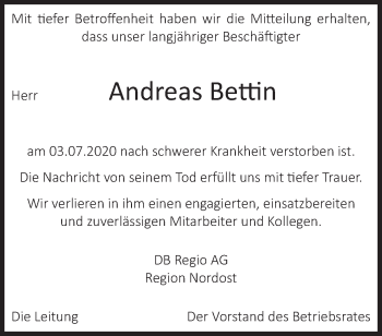 Traueranzeige von Andreas Bettin von Märkische Oderzeitung