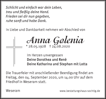 Traueranzeige von Anna Golenia von Märkische Oderzeitung