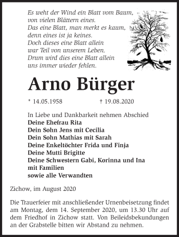 Traueranzeige von Arno Bürger von Märkische Oderzeitung