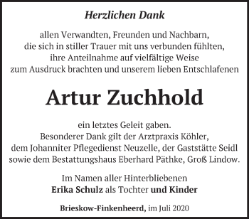 Traueranzeige von Artur Zuchhold von Märkische Oderzeitung