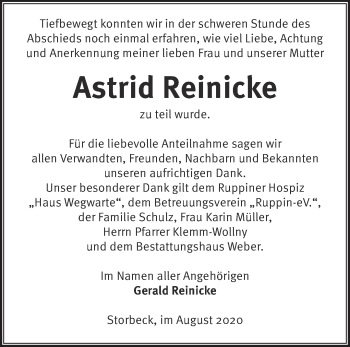 Traueranzeige von Astrid Reinicke von Märkische Oderzeitung